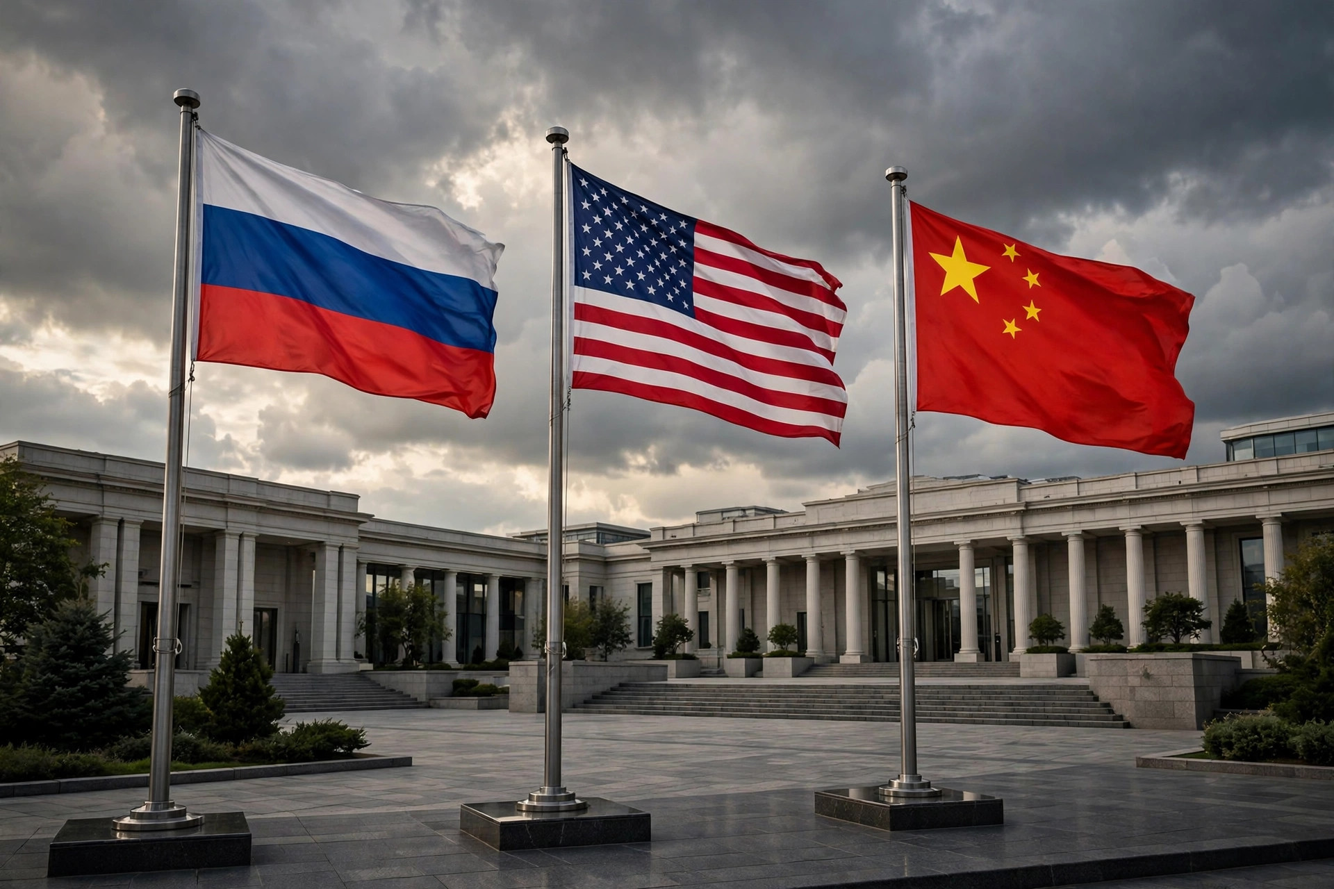 Banderas de Rusia, EE.UU. y China